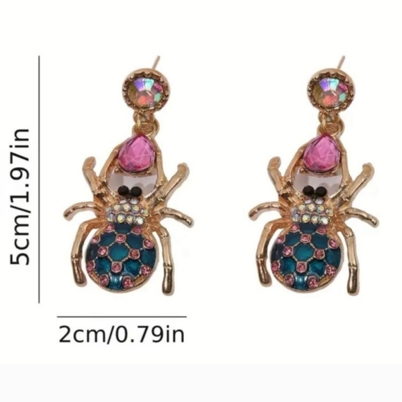 BETSEY JOHNSON Spider Earrings Enamel Gold Purple Blue Crystal Rhinestones NEW - Picture 4 of 12